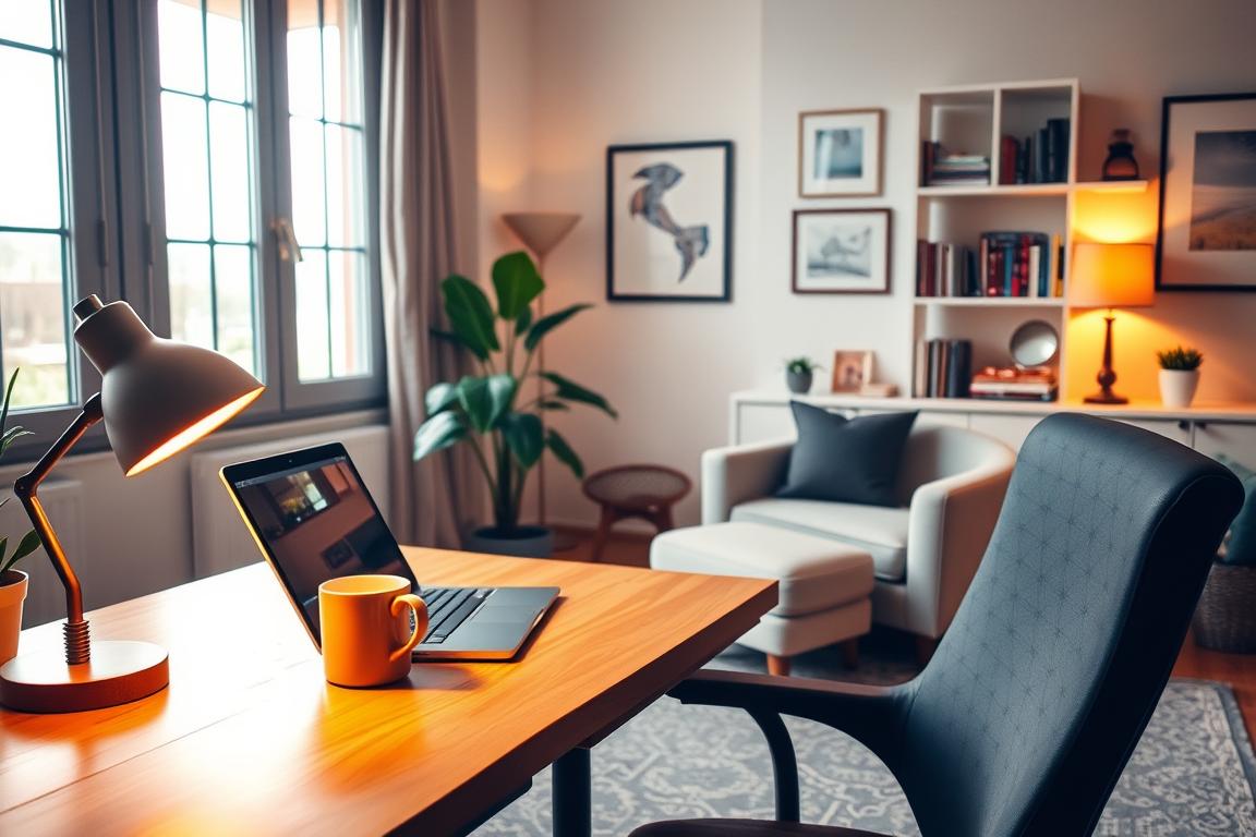 A charming and inviting workspace with a cozy, modern vibe. In the foreground, a wooden desk with a warm, ambient lamp, a laptop, and a mug of tea. The middle ground features a comfortable armchair and a fiddle-leaf fig plant, bathed in soft, natural light filtering through large windows. The background showcases a cheerful, minimalist decor with shelves displaying books and framed art. The overall atmosphere exudes a sense of productivity, relaxation, and inspiration - the perfect setting for a dating advice expert to thrive.