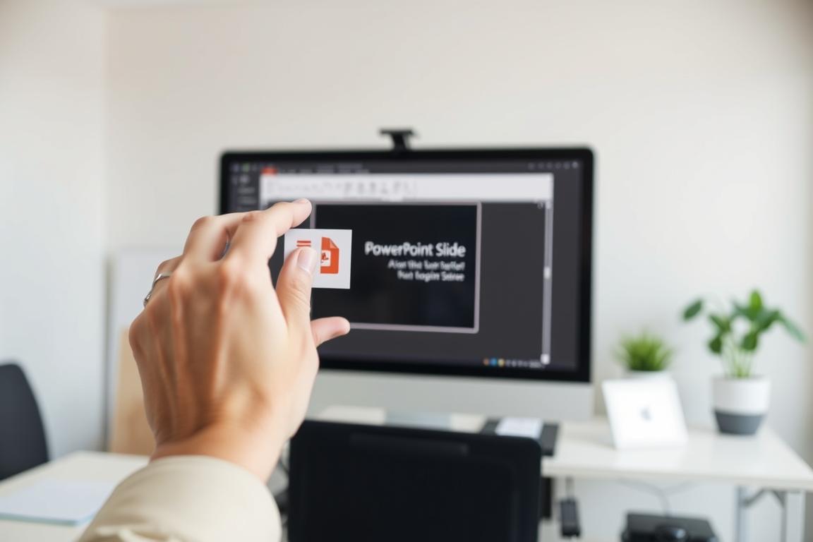 A clean, well-lit office setting. In the foreground, a person's hands carefully moving a PowerPoint slide on a computer screen. The slide appears to be floating, with a sense of precision and control. The middle ground shows the person's workspace, including a desk, computer, and other office supplies. The background is a subtle, neutral tone, allowing the focus to remain on the slide manipulation. The lighting is natural, coming from a window or overhead source, casting a soft, even glow. The overall mood is one of focus, professionalism, and the mastery of PowerPoint slide management.