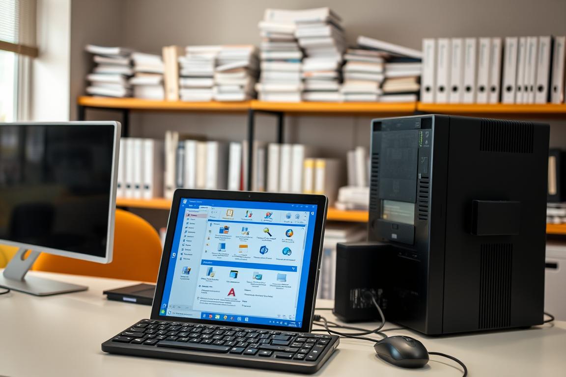 A clean, well-lit office space with a desktop computer, keyboard, and mouse prominently featured in the foreground. In the middle ground, a Microsoft Office application window is displayed, with various repair and troubleshooting tools visible. The background features shelves of neatly organized tech manuals and reference materials, conveying a sense of expertise and professionalism. The overall mood is one of calm, focused problem-solving, with warm, natural lighting illuminating the scene.