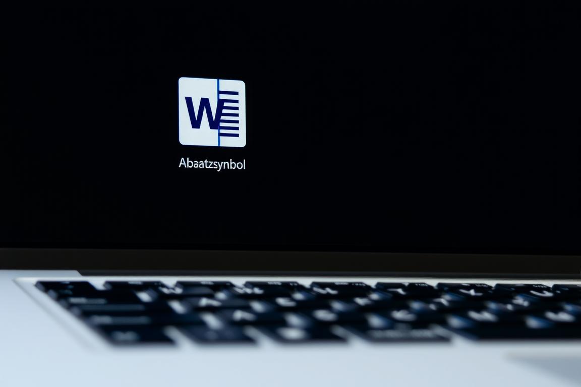 A close-up view of a laptop keyboard, with the Word icon clearly visible on the screen. The icon features a symbol resembling a paragraph mark, highlighting the "Absatzsymbol" or paragraph symbol functionality in the popular word processing software. The scene is well-lit, creating a clean, crisp look, and the camera angle emphasizes the focus on the screen and the relevant icon. The overall mood is one of simplicity and clarity, capturing the essence of the "Schritt-für-Schritt-Anleitung" section on correcting layout issues in Word.