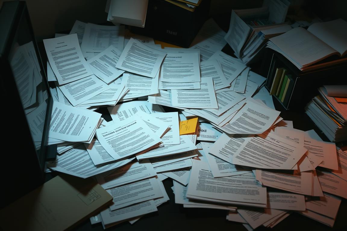 A cluttered desktop with scattered documents, spreadsheets, and folders in disarray, representing the common formatting problems encountered when opening files. The scene is dimly lit, creating a sense of frustration and confusion. The camera angle is slightly tilted, adding to the feeling of disorganization. The documents have various font styles, sizes, and alignment issues, hinting at the challenges users face in maintaining consistent formatting. The overall mood conveys the need to address these persistent formatting difficulties.