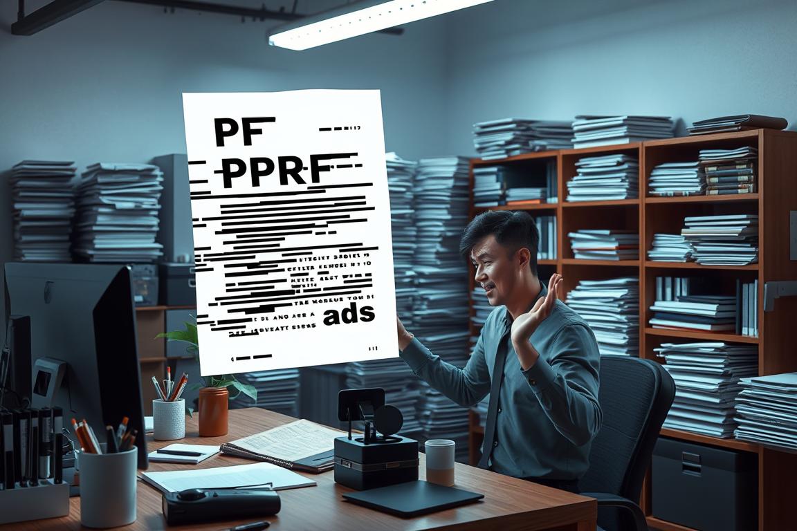 A complex and technical 3D scene depicting the common issues encountered when exporting a PowerPoint presentation as a PDF file. In the foreground, a glitching and distorted PDF document hovers above a desk, surrounded by various office supplies and a desktop computer. The middle ground features a frustrated office worker gesturing helplessly at the screen, their expression conveying the common frustrations of this export problem. In the background, a towering stack of printed documents and a bookshelf filled with reference materials suggest the wider context of this technical challenge. The scene is illuminated by a cool, clinical overhead lighting, casting long shadows and emphasizing the technical nature of the problem. The overall mood is one of problem-solving, with a sense of confusion and technical complexity surrounding the PDF export issue.