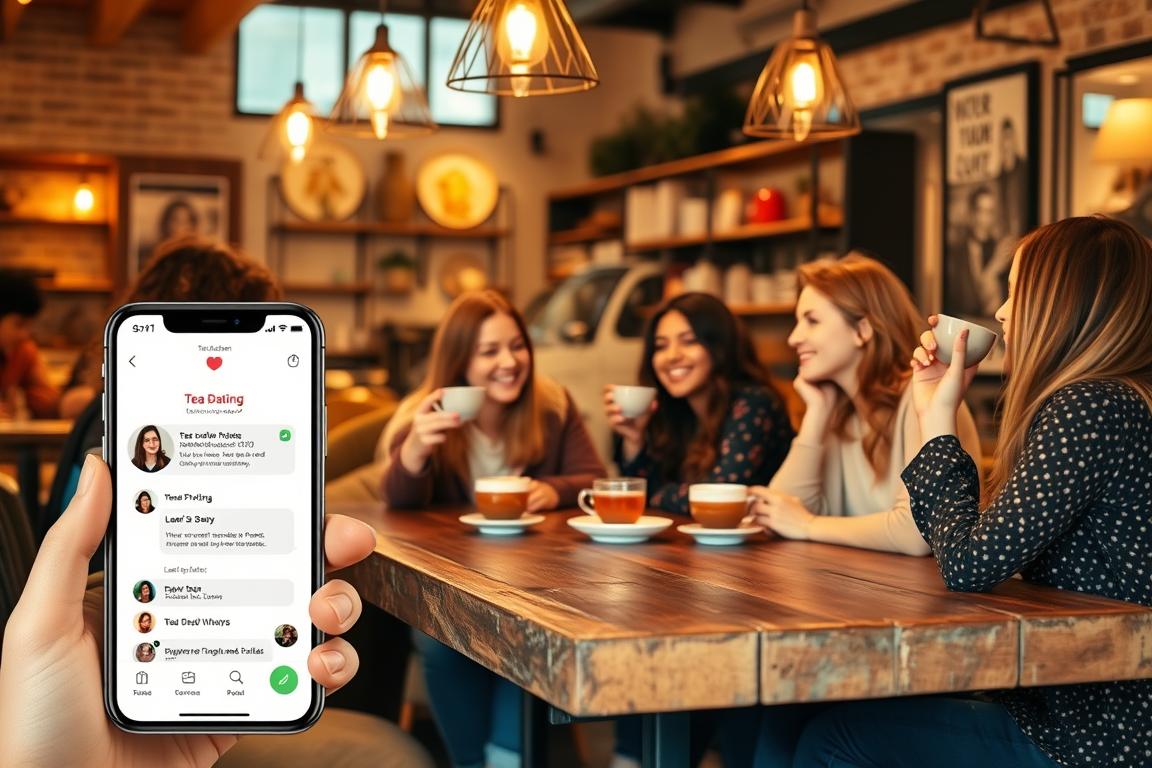 A cozy coffee shop interior, warm lighting from pendant lamps casting a soft glow. A group of young, diverse women sit around a rustic wooden table, engaged in lively conversation over steaming cups of tea. In the foreground, the screen of a smartphone displays a stylized "Tea Dating" app interface, showcasing profile photos and chat messages. The overall atmosphere is one of friendly, intimate connection - a space where women feel comfortable sharing their stories and exploring potential romantic matches over a shared love of tea.