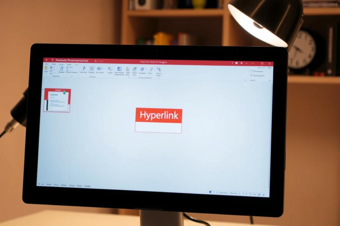 A desktop computer screen displaying a PowerPoint presentation, with a prominent "Hyperlink" icon or button in the center. The screen is illuminated by soft, warm lighting, creating a focused and professional atmosphere. The background is slightly blurred, placing the hyperlink element as the clear focal point. The image conveys a sense of troubleshooting and problem-solving, hinting at the need to "repair" or fix the hyperlink functionality in the presentation. The overall composition and attention to detail suggest a visually compelling illustration for the article's "Hyperlink Repair" section.