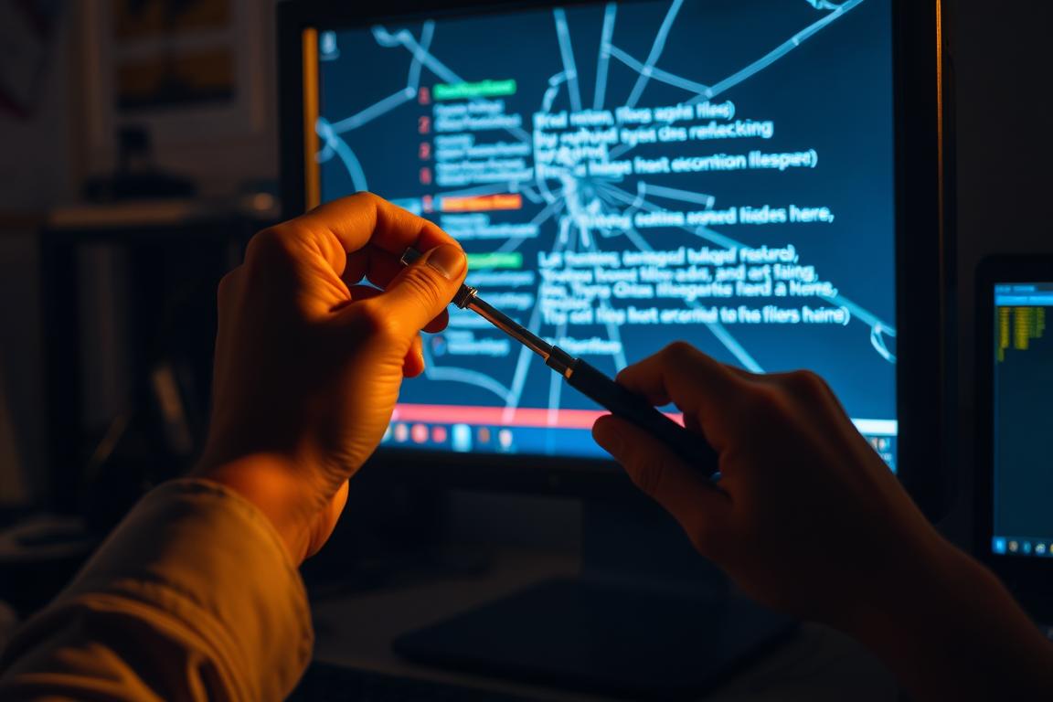 A desktop computer with a cracked display showing corrupted data files and error messages. In the foreground, a pair of hands using a repair tool to carefully extract and restore the damaged files. The monitor is illuminated by a warm, focused light from the side, casting shadows and highlights that emphasize the delicate task. The background is slightly blurred, hinting at a workplace environment with office supplies and technological equipment. The overall mood is one of concentration and problem-solving, reflecting the user's effort to salvage important digital information.