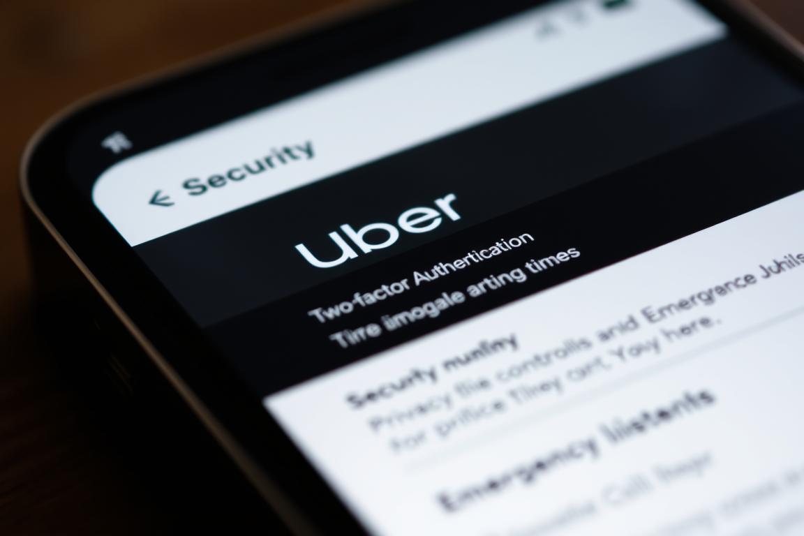 A detailed close-up view of the Uber app interface, showcasing the security features and settings. The screen is well-lit, with a clean and modern aesthetic. The foreground displays the app's main security menu, highlighting options like two-factor authentication, privacy controls, and emergency assistance. The middle ground shows the app's navigation menu, while the background subtly blurs out, keeping the focus on the security-related information. The overall mood is one of trust, safety, and user empowerment, reflecting the app's commitment to providing a secure experience for its users.