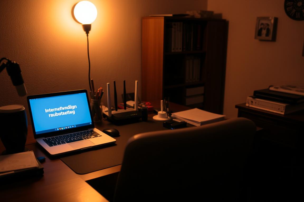 A dimly-lit home office setting, with a desk featuring a laptop computer, wireless router, and various office supplies. The laptop screen displays the German phrase "Internetverbindung zurücksetzen" (Reset Internet connection), suggesting a troubleshooting scenario. The room has warm, muted lighting, creating a contemplative atmosphere. The middle ground features an empty chair, inviting the viewer to imagine themselves trying to resolve the technical issue. In the background, a bookshelf or wall décor adds depth and a sense of a professional workspace. The overall composition conveys the process of troubleshooting a connectivity problem, with a focus on the reset action as a potential solution.
