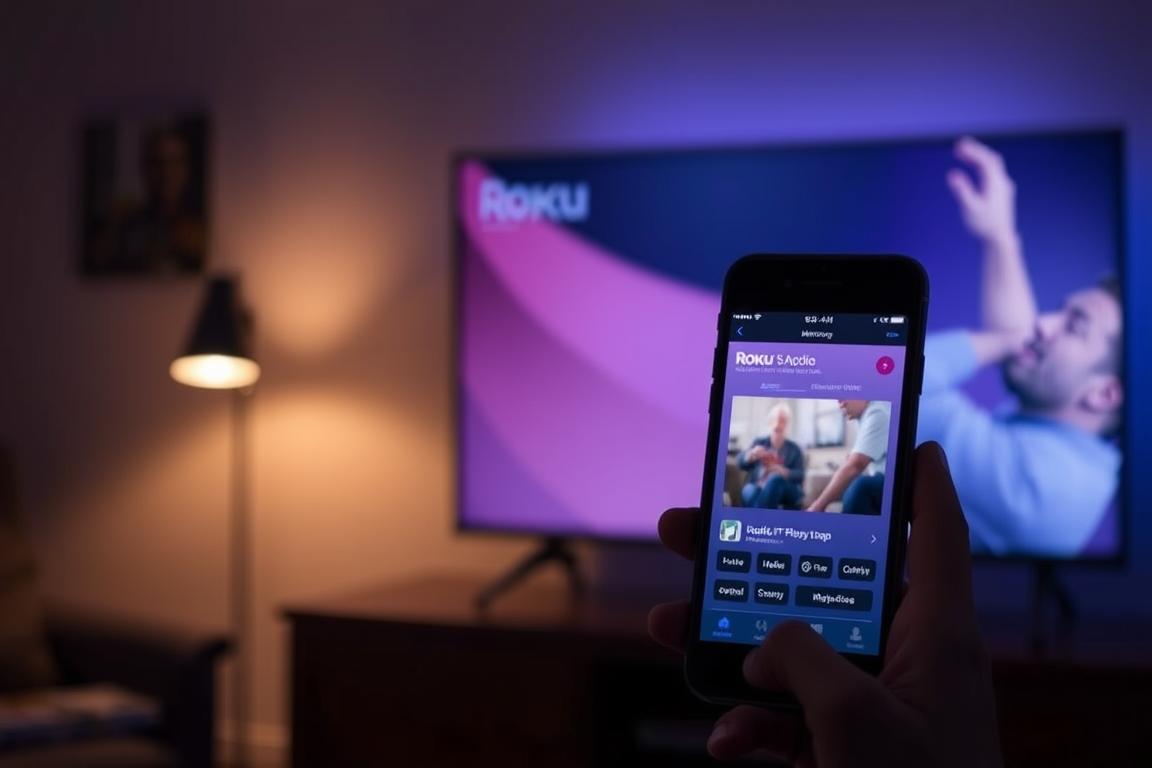 A dimly lit living room, the TV screen reflecting the user's iPhone display, showcasing the Roku app interface. Soft, warm lighting illuminates the scene, creating a cozy, inviting atmosphere. The iPhone's screen is clearly visible, with its intuitive control panel and media playback controls. The TV screen displays a crisp, high-definition image, suggesting a seamless mirroring experience. The composition emphasizes the connection between the mobile device and the television, highlighting the convenience of sharing content from one to the other. The overall scene conveys the simplicity and ease of using the Roku app to wirelessly transmit media from an iOS device to the TV.