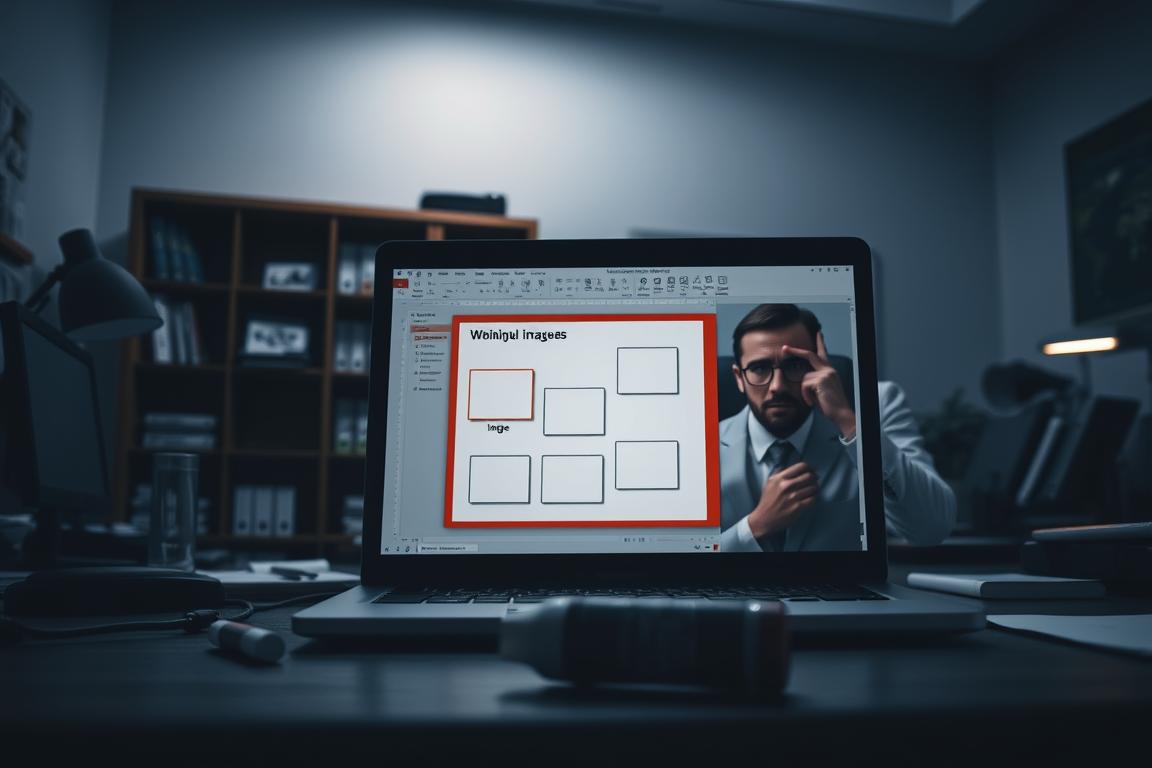 A dimly lit office setting, with a desk displaying a cluttered PowerPoint presentation on a laptop screen. In the foreground, an open PowerPoint window showcases various image placeholders, hinting at the missing visuals. The middle ground features an eraser and a confused office worker, pondering the cause of the vanishing images. The background depicts a bookshelf and other office accessories, creating a sense of a professional, yet unsettling atmosphere. The lighting is soft and moody, casting shadows that add depth and mystery to the scene.