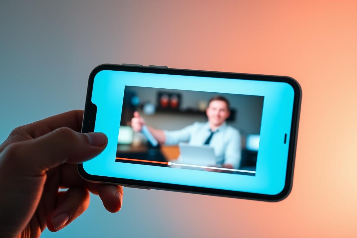 A high-quality video playing on a modern, sleek smartphone screen, its display filled with vibrant colors and sharp details. The device is held in a hand against a blurred, minimalist background, conveying a sense of simplicity and focus. Subtle lighting from the right side casts a warm glow, creating depth and emphasizing the screen's clarity. The overall composition suggests the effortless enjoyment of a polished, user-friendly mobile app experience.