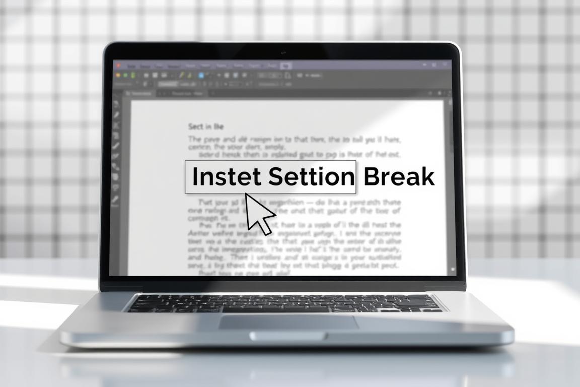 A high-resolution, detailed illustration of a page layout tool inserting a section break. The scene depicts a clean, minimalist desktop workspace with a laptop displaying the page layout software interface. The cursor hovers over a prominent "Insert Section Break" command, ready to execute the action. The background features a blurred grid pattern, conveying a sense of precision and structure. Lighting is natural and diffused, creating soft shadows and highlights that enhance the three-dimensional depth. The overall tone is professional, practical, and focused on the task at hand, reflecting the instructional nature of the article's subject matter.