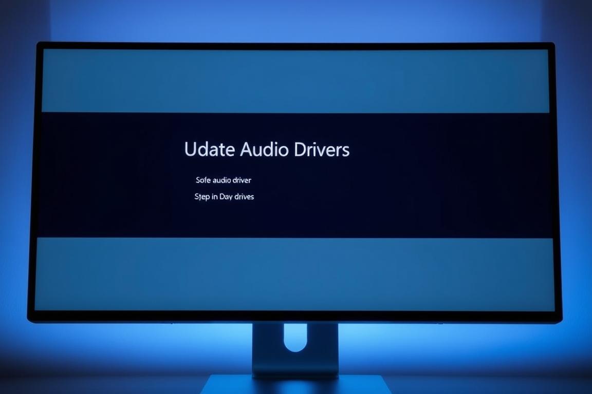 A modern computer monitor displaying the "Update Audio Drivers" menu, its interface sleek and minimalist. Soft, ambient lighting illuminates the screen, creating a calming, focused atmosphere. The menu options are clearly visible, inviting the user to navigate through the process of updating audio drivers. The monitor is set against a blurred, neutral background, allowing the screen to be the central focus. The overall composition conveys a sense of streamlined efficiency, guiding the user through a straightforward technical task.