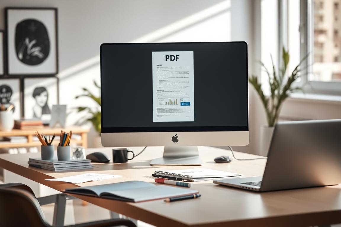 A modern office workspace with a large computer monitor displaying a PDF document. On the desk, an open laptop and various office supplies. Soft, natural lighting illuminates the scene, creating a sense of productivity and professionalism. The background features minimalist decor, perhaps a potted plant or a few framed artwork pieces, conveying a clean and organized aesthetic. The overall mood is one of efficiency and seamless digital document management, capturing the essence of "Alternative PDF-Konvertierung".
