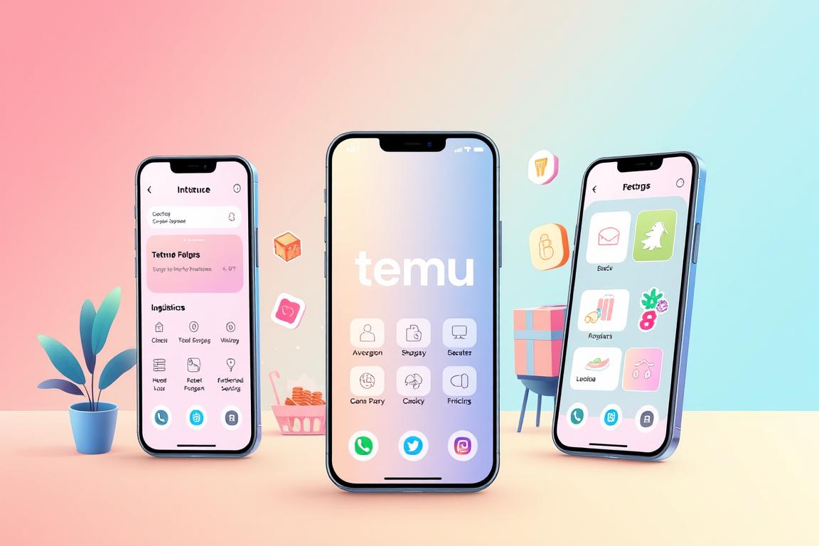 A modern, vibrant illustration showcasing the key features of the Temu iOS app. Prominently display the app's intuitive user interface, with clean icons and sleek menus arranged in a symmetrical, visually appealing layout. Subtly incorporate various app functions such as product browsing, deal discovery, in-app payment, and social sharing in the middle ground, using a soft, pastel color palette. In the background, include stylized graphics or icons representing the app's wide selection of products, efficient logistics, and convenient shopping experience. Employ a dynamic camera angle, bright diffused lighting, and a sense of depth to create an inviting, premium-quality visual that highlights the Temu app's functionality and user benefits.