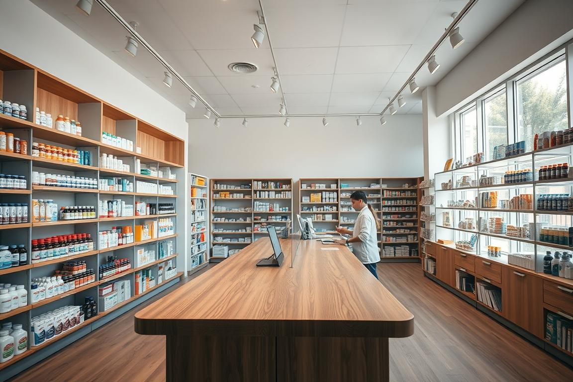 A modern, well-stocked pharmacy interior with clean, minimalist design. The foreground features a long wooden counter with a professional pharmacist assisting a customer. The middle ground showcases neatly organized shelves of pharmaceutical products, vitamins, and personal care items. The background has large windows allowing natural light to filter in, creating a bright and welcoming atmosphere. The lighting is soft and diffused, with subtle shadows adding depth. The camera angle is slightly elevated, capturing the full scope of the pharmacy's layout and services. An overall sense of efficiency, professionalism, and customer-focused care is conveyed.