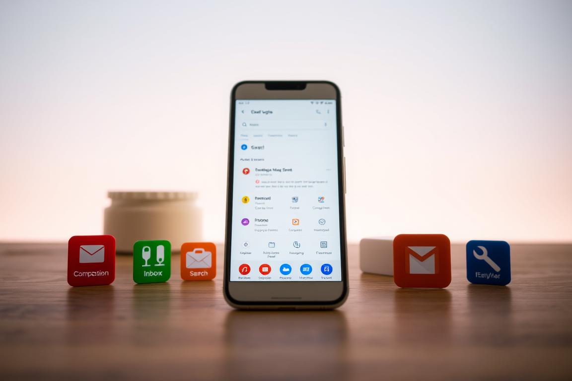 A neatly arranged display of key Gmail-App features against a soft, blurred background. In the foreground, vibrant icons representing email composition, inbox management, search, and integration with other apps. The middle ground showcases a sleek, minimalist interface with clean typography and intuitive controls. Subtle lighting casts a warm, inviting glow across the scene, reflecting the app's user-friendly design. The overall atmosphere conveys a sense of productivity, efficiency, and seamless digital organization, highlighting why users find the Gmail-App so valuable.