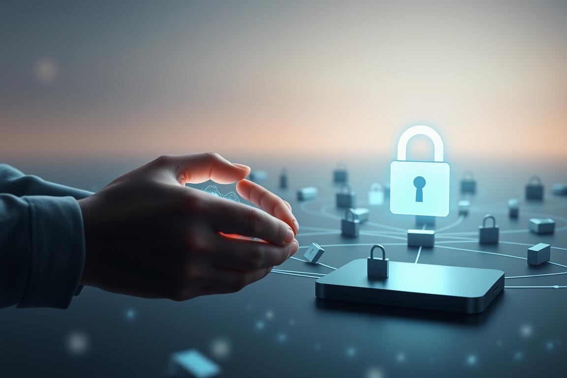 A peaceful, secure digital landscape with a prominent lock icon symbolizing data protection. In the foreground, a pair of hands carefully securing an electronic device, conveying the importance of cybersecurity. The middle ground features a network of interconnected devices, each with its own lock, highlighting the interconnected nature of modern technology. The background showcases a serene, minimalist environment, with soft lighting and muted tones to create a sense of tranquility and trust. The overall composition emphasizes the balance between technological advancement and the need for robust privacy safeguards, reflecting the core themes of "Datenschutz und Sicherheit" (Data Protection and Security).