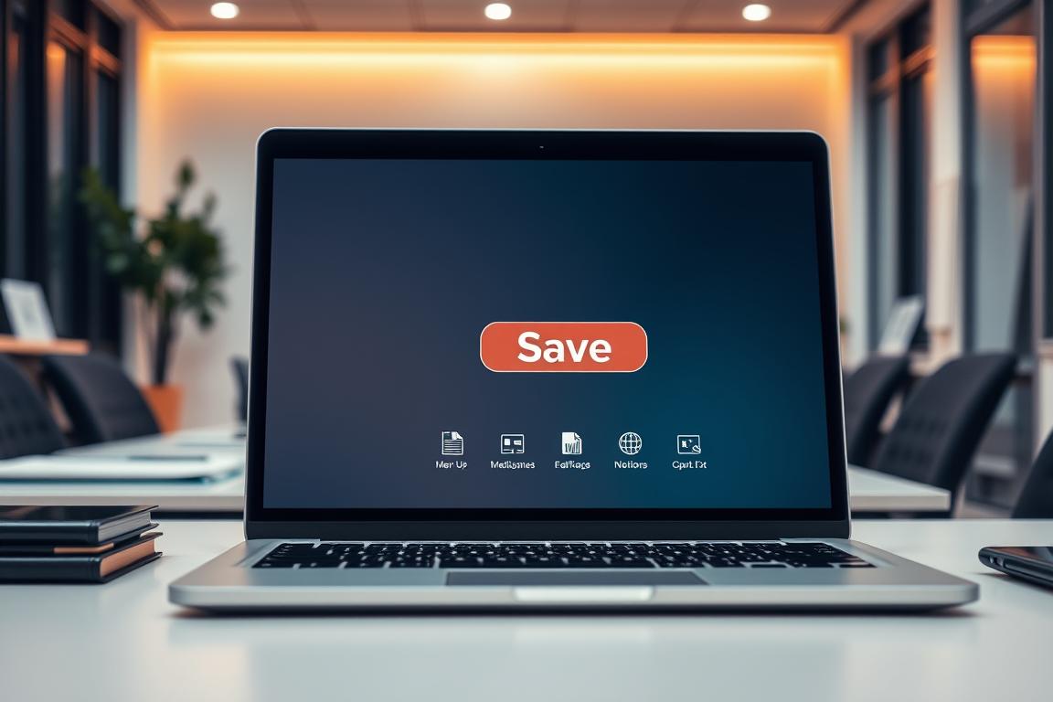 A professional business presentation on a laptop screen, with a prominent "Save" button and icons representing various file formats. The presentation is in the foreground, surrounded by a minimalist, modern office environment with clean lines, warm lighting, and a sense of productivity. The angle is slightly elevated, giving a birds-eye view of the scene, emphasizing the importance of the task at hand. The overall mood is one of efficiency, organization, and the satisfaction of a job well done. A professional business presentation on a laptop screen, with a prominent "Save" button and icons representing various file formats. The presentation is in the foreground, surrounded by a minimalist, modern office environment with clean lines, warm lighting, and a sense of productivity. The angle is slightly elevated, giving a birds-eye view of the scene, emphasizing the importance of the task at hand. The overall mood is one of efficiency, organization, and the satisfaction of a job well done.