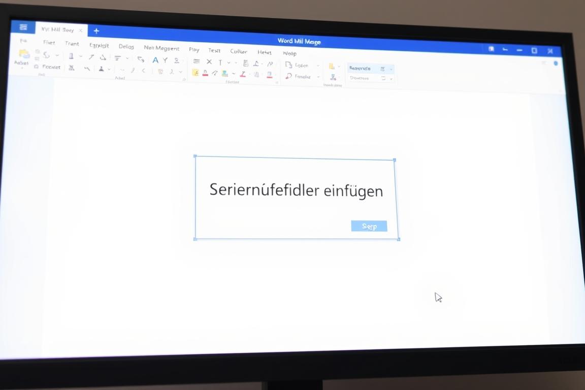A professional, high-quality stock image of a computer screen displaying the "Seriendruckfelder einfügen" feature in Microsoft Word. The screen should be brightly lit, with a clean and minimalist design. The focus should be on the Word interface, with the "Seriendruckfelder einfügen" dialog box prominently featured in the center. The image should convey a sense of efficiency and productivity, reflecting the step-by-step guide for creating a mail merge in Word. The background should be neutral, with subtle gradients or textures to add depth and visual interest. The overall composition should be balanced and visually appealing, suitable for use in a professional article.