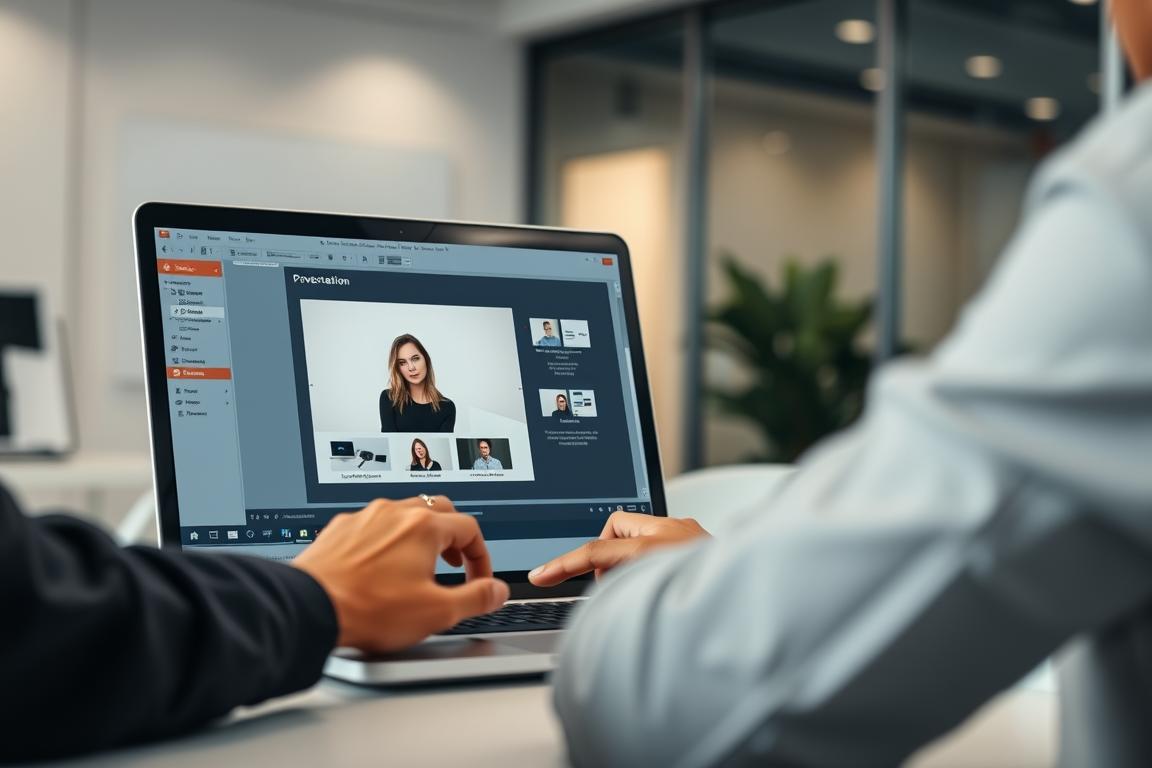A professional-looking slideshow presentation, with a clean, minimalist design. The foreground features a central focus on a laptop or desktop computer screen, displaying a PowerPoint slide with various animation effects being adjusted and customized. The middle ground shows a person's hands operating the computer interface, with a look of concentration on their face. The background is a softly blurred office setting, with neutral tones and subtle lighting to create a calming, productive atmosphere. The overall mood is one of focused, deliberate optimization - refining the presentation to achieve the desired visual impact.