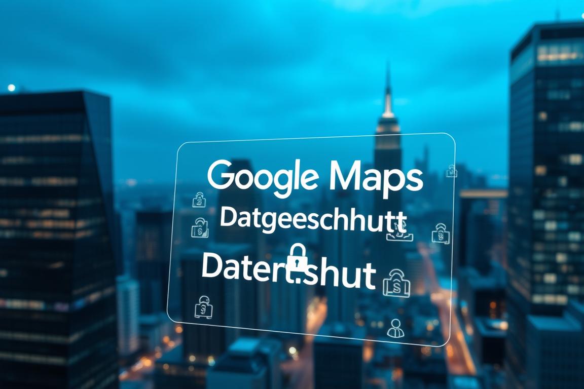 A serene urban landscape with a prominent Google Maps logo floating above a cityscape. The cityscape is composed of sleek high-rise buildings and modern architecture, bathed in a cool, blue-hued lighting. In the foreground, a transparent screen displays data privacy-related icons and symbols, emphasizing the "Datenschutz" (data protection) aspect of the image. The screen is slightly angled, creating a sense of depth and interactivity. The overall atmosphere is one of technological sophistication and a subtle concern for personal data security within the context of a popular digital mapping service.