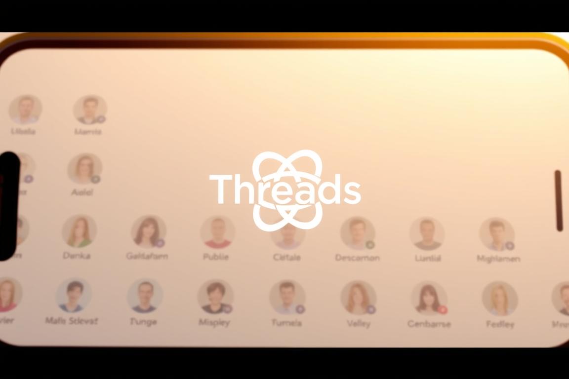 A sleek and modern mobile app interface, with a clean and minimalist design. The Threads logo stands prominently in the center, its interlocking threads conveying a sense of connection and community. The interface features a grid of user profiles, each represented by a circular avatar and username, creating a visually appealing and intuitive layout. The app is bathed in a warm, soft lighting, giving it a welcoming and inviting atmosphere. The background is a subtle gradient, providing a sense of depth and visual interest without distracting from the main UI elements. The overall impression is one of a well-designed, user-friendly app that enables seamless social interaction and engagement.