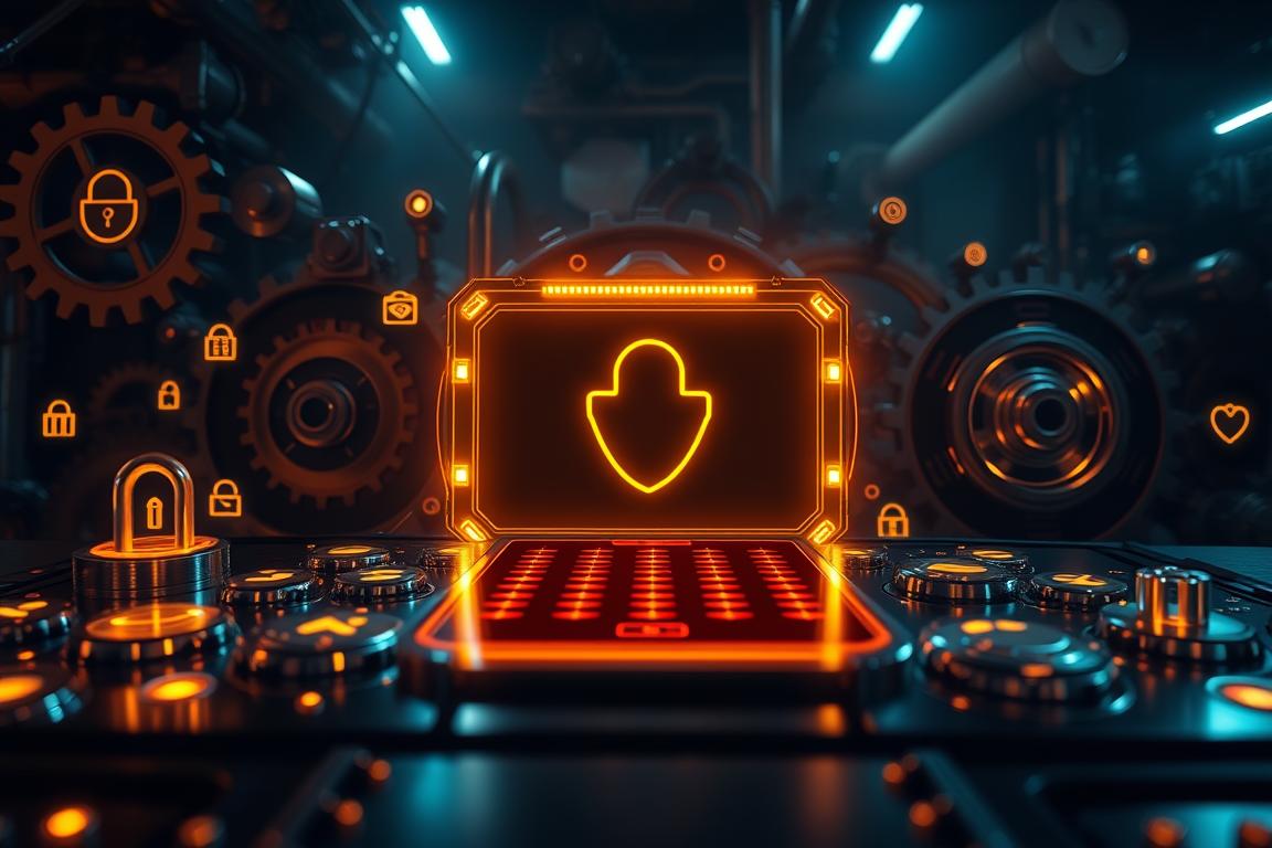 A sleek, chrome-plated security interface featuring a series of interlocking gears and cogs, casting a warm, metallic glow against a dimly lit, industrial-style backdrop. The foreground showcases an array of glowing, digitized security icons and symbols, hinting at the powerful protection measures within. In the middle ground, a central touchscreen display presents a clean, minimalist UI with intuitive controls, while the background is shrouded in a moody, atmospheric haze, suggesting the complex, behind-the-scenes workings of a robust security system. Dramatic side lighting accentuates the chrome surfaces, creating a sense of depth and dimensionality, while a low, cinematic camera angle emphasizes the powerful, authoritative presence of the security interface.