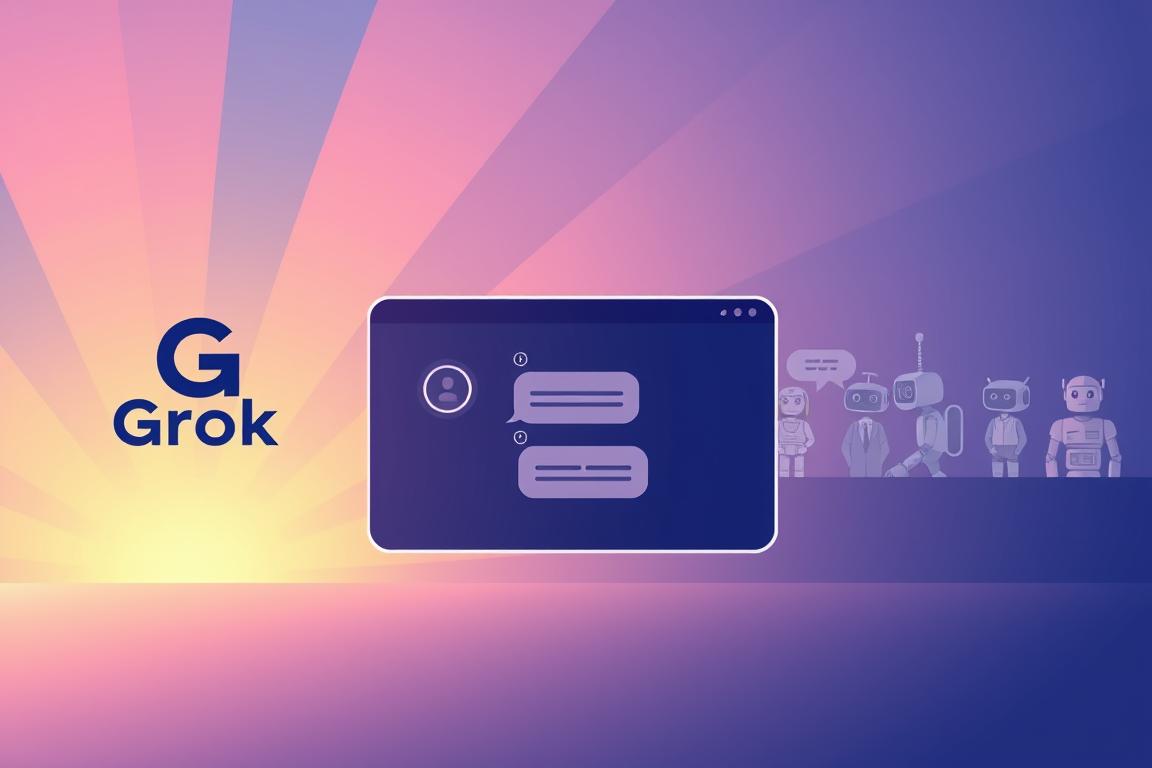 A sleek, modern illustration showcasing the advantages of the Grok AI chatbot. In the foreground, a stylized Grok logo emerges from a vibrant, gradient-filled backdrop, conveying a sense of technology and innovation. The middle ground features a clean, minimalist interface with intuitive conversational bubbles, highlighting Grok's user-friendly design. In the background, subtle illustrations of other chatbots appear in muted tones, creating a visual comparison that emphasizes Grok's superior capabilities. The overall aesthetic is polished, professional, and captures the essence of the "Vorteile von Grok im Vergleich zu anderen KI-Chatbots" section.