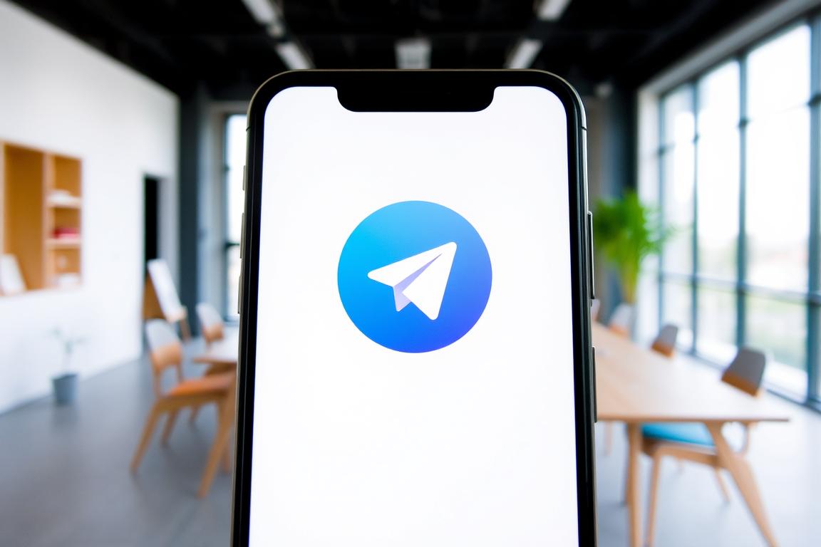 A sleek, modern smartphone with a vibrant, colorful display featuring the Telegram Messenger logo. The screen is the focal point, showcasing the app's clean and intuitive interface. In the background, a minimalist, light-filled office setting with wooden furniture and large windows, reflecting Telegram's reputation as a secure and privacy-focused communication tool. The overall composition conveys a sense of simplicity, efficiency, and technological sophistication, appealing to a wide range of users, from individuals to businesses.