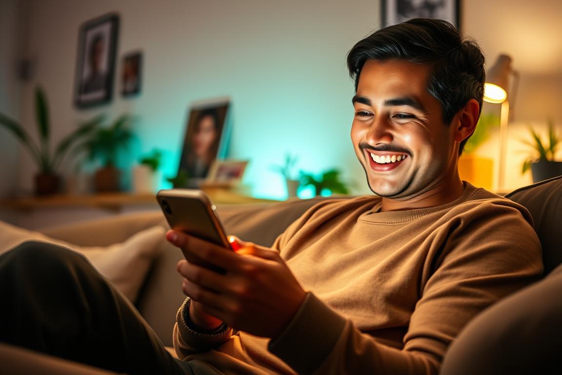 A smiling person using a smartphone in a cozy, well-lit living room setting. The individual is casually seated on a comfortable sofa, their face lit by the warm glow of the phone's screen. The scene conveys a sense of relaxation and contentment as the user engages with the WhatsApp messaging app. The background features subtle, soft-focus details like plants, artwork, and personal mementos, creating a welcoming, homely atmosphere. Soft, diffused lighting from multiple sources casts a gentle, natural illumination on the subject, highlighting their expression of enjoyment and satisfaction with the app.