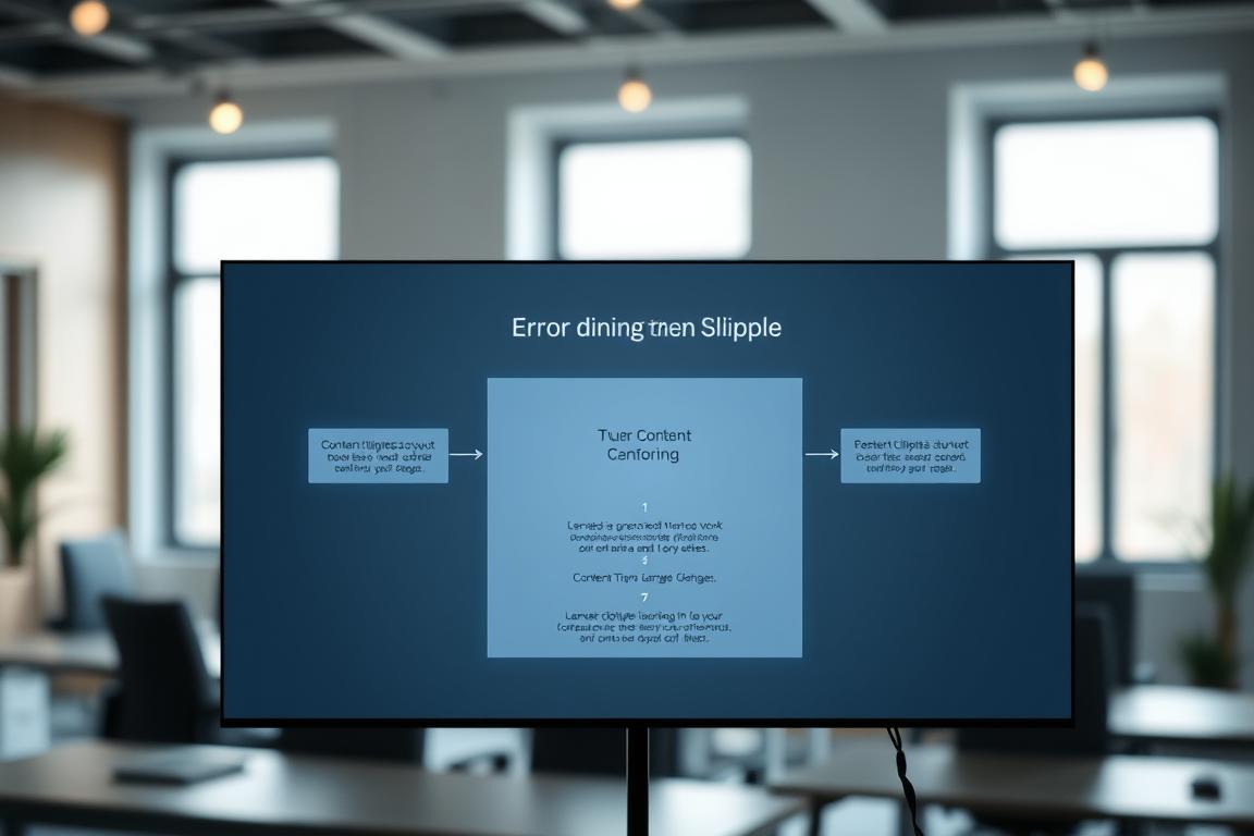 A sophisticated presentation on error troubleshooting, with a clean, professional appearance. A central diagram or flow chart dominates the frame, illustrating step-by-step instructions for resolving content clipping issues. The diagram is rendered in a muted color palette of grays and blues, with subtle highlights to draw the eye. The background is a softly blurred office setting, conveying a sense of pragmatic, work-focused atmosphere. Subtle ambient lighting from windows casts a gentle, natural glow. The overall composition is balanced and minimalist, allowing the troubleshooting information to take center stage.