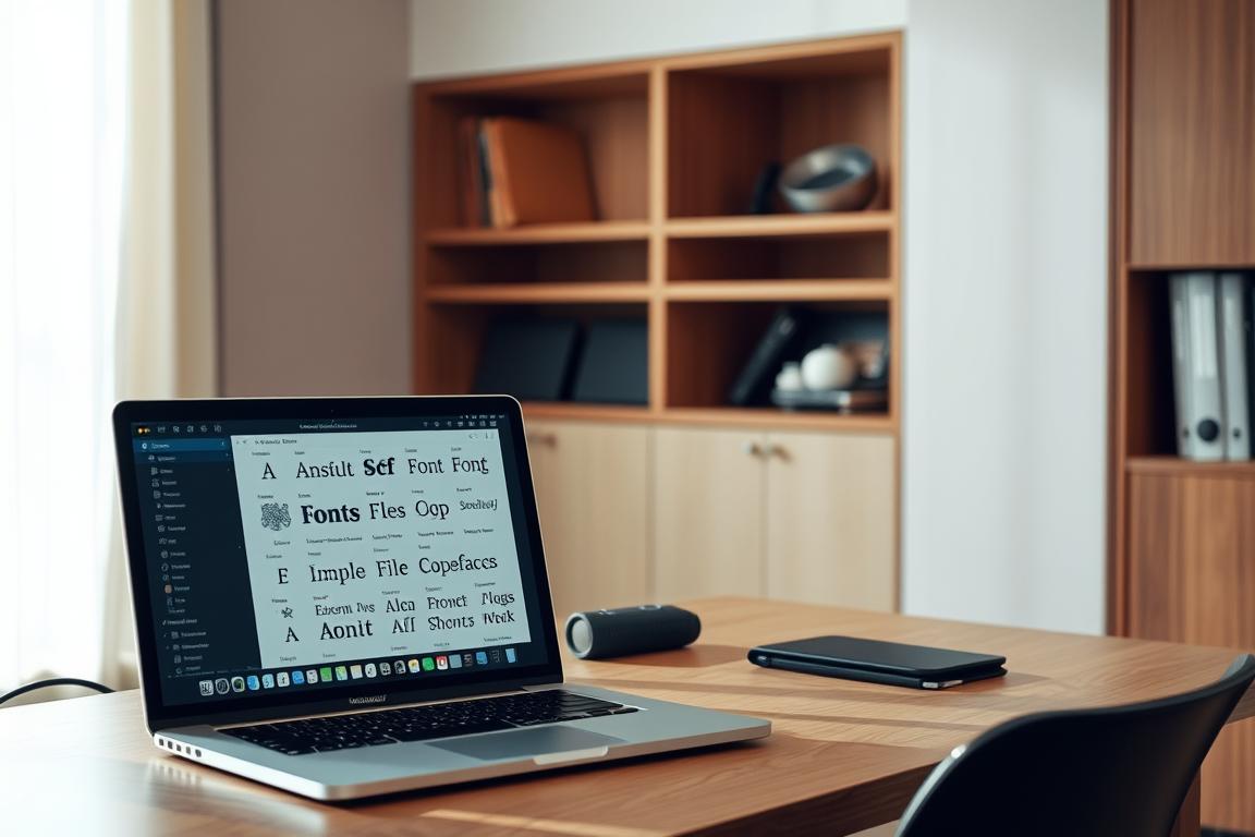 A tranquil, well-lit office setting, with a desktop computer prominently displayed. Atop the desk, an open laptop showcases a selection of font files, suggesting the task of installing new typefaces. The background features a tasteful combination of warm wood tones and neutral wall colors, creating a professional, yet inviting atmosphere. Subtle lighting casts soft shadows, accentuating the textures and details of the scene. The overall composition conveys a sense of focus and productivity, reflecting the subject of troubleshooting font installation issues.