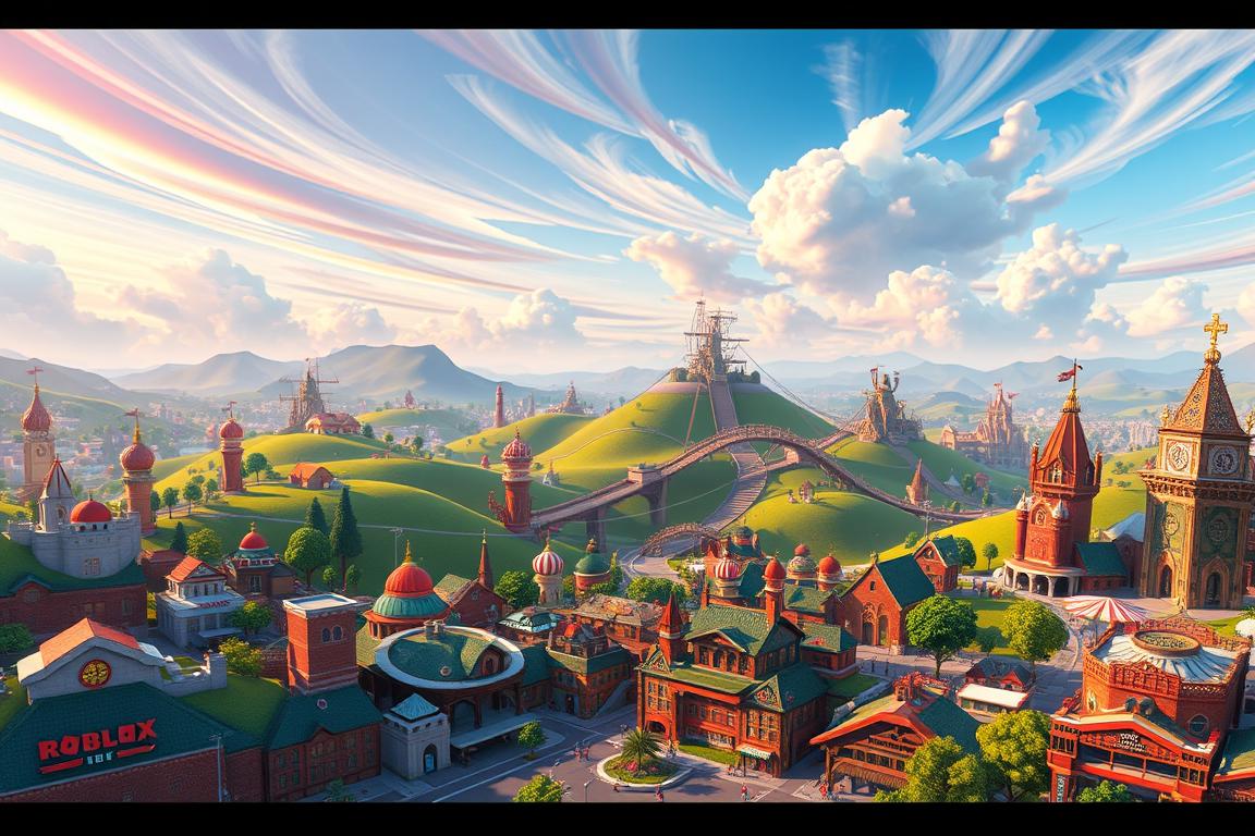 A vibrant and diverse Roblox game world, filled with imaginative structures and whimsical landscapes. In the foreground, a bustling town center with a variety of buildings, shops, and playful characters interacting. The middle ground features lush, rolling hills dotted with fantastical structures, bridges, and pathways winding through the environment. In the background, a vast, dreamlike skyscape with swirling clouds, colorful gradients, and a sense of boundless possibility. Lighting is warm and cheerful, creating a welcoming, immersive atmosphere. The overall scene captures the boundless creativity, exploration, and endless entertainment that defines the Roblox gaming experience.