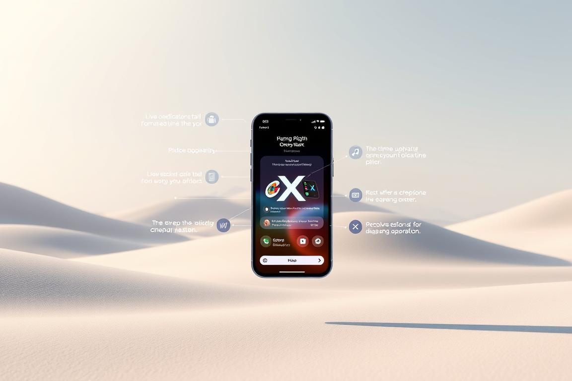 A vibrant, real-time interface showcasing the key features of the X-App, with a sleek and intuitive design. Centered in the frame, a beautifully rendered smartphone displays the app's live updating content, surrounded by a minimalist, futuristic environment. Soft, directional lighting casts subtle shadows, highlighting the app's smooth animations and seamless transitions. The background is a serene, abstract landscape in muted tones, creating a sense of balance and focus on the central device. Overall, the image conveys the X-App's seamless integration of real-time functionality and elegant, user-centric aesthetics.