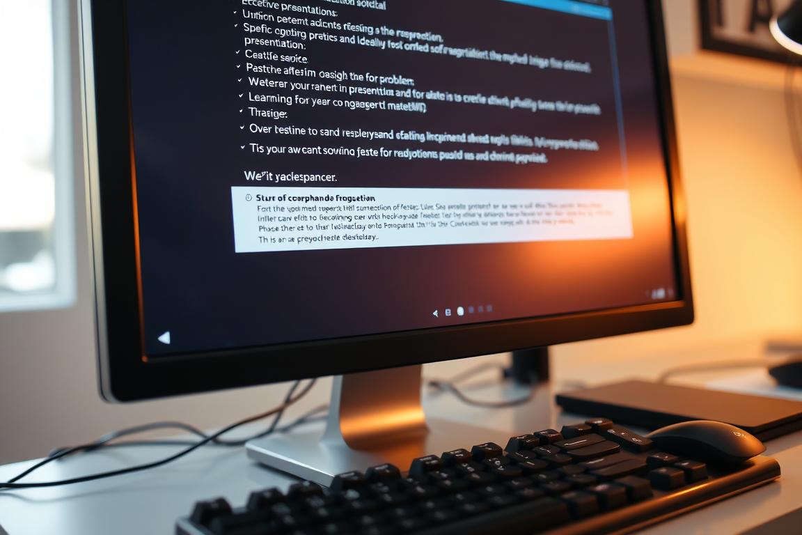 A well-lit, close-up scene of a computer monitor displaying an error message or diagnostic screen, accompanied by various input devices like a keyboard and mouse. The monitor's screen shows detailed troubleshooting steps and potential solutions for the problem of a malfunctioning presentation software. The scene conveys a sense of focus and problem-solving, with a calm, professional atmosphere. The composition emphasizes the monitor as the central element, with the other devices providing context. Precise lighting and camera angles highlight the legibility of the on-screen content.