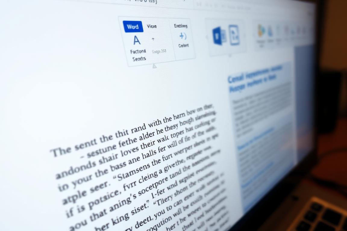 A well-lit, close-up view of a computer screen displaying a Word document with finely-tuned typography. The foreground showcases a selection of text with meticulously adjusted font, size, and line spacing, highlighting the nuances of text formatting. The middle ground features an open Word interface, conveying a sense of digital productivity and attention to detail. The background subtly blurs, keeping the focus on the typographic elements. The overall scene emanates a calm, professional atmosphere, reflecting the core subject of text formatting in a word processing application.