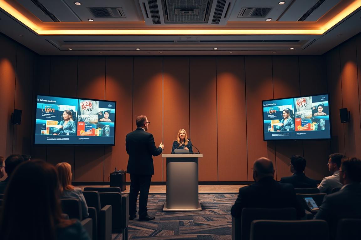 A well-lit conference room, the presenter standing at a sleek podium, digital display screens showcasing a visually-striking slide deck. Warm, focused lighting illuminates the scene, casting soft shadows that accentuate the presenter's gestures. The room is spacious yet intimate, with comfortable seating for the audience. Modern, minimalist decor and high-quality equipment convey a sense of professionalism and attention to detail. The presenter's body language is confident and engaging, drawing the viewer's eye. This image captures the essence of a live, polished presentation - the kind that captivates and informs an audience.
