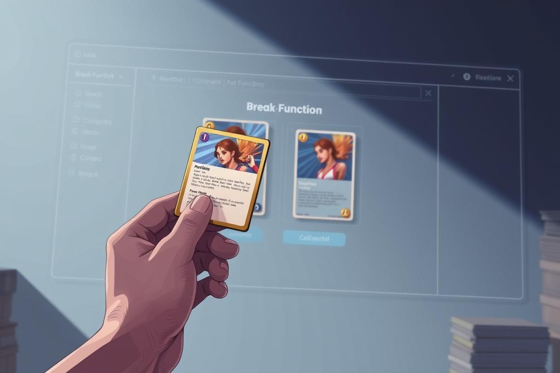 A well-lit, detailed illustration of a "Break-Funktion" for a trading card collection. In the foreground, a hand holding a trading card, while in the middle ground, a break function interface displays statistics and details about the card. The background showcases a clean, modern user interface with a subtle gradient, suggesting a polished, digital experience. The lighting is soft and natural, highlighting the textures and details of the cards and interface. The overall atmosphere conveys a sense of organization, personalization, and the joy of curating a valuable collection.