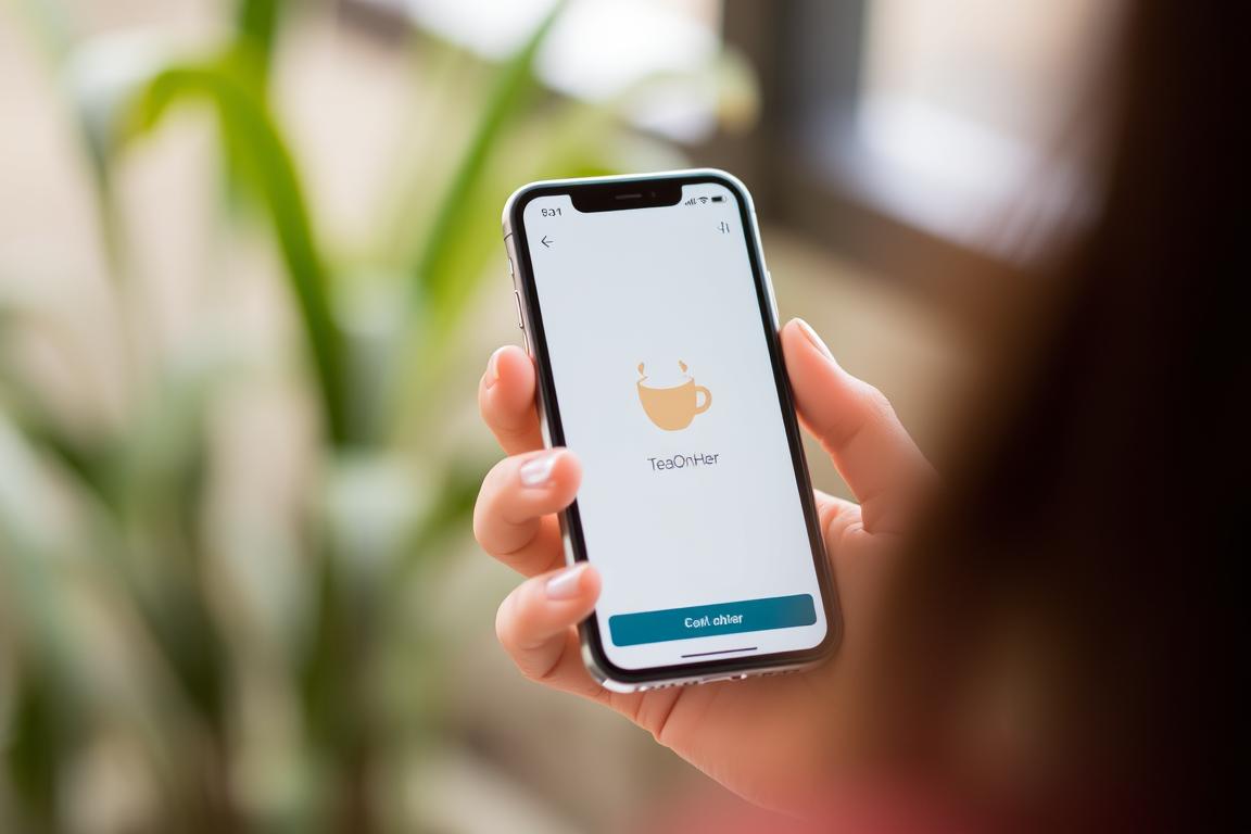 Ein Bild von einer Frau, die ein iPhone mit der TeaOnHer App geöffnet hat.
