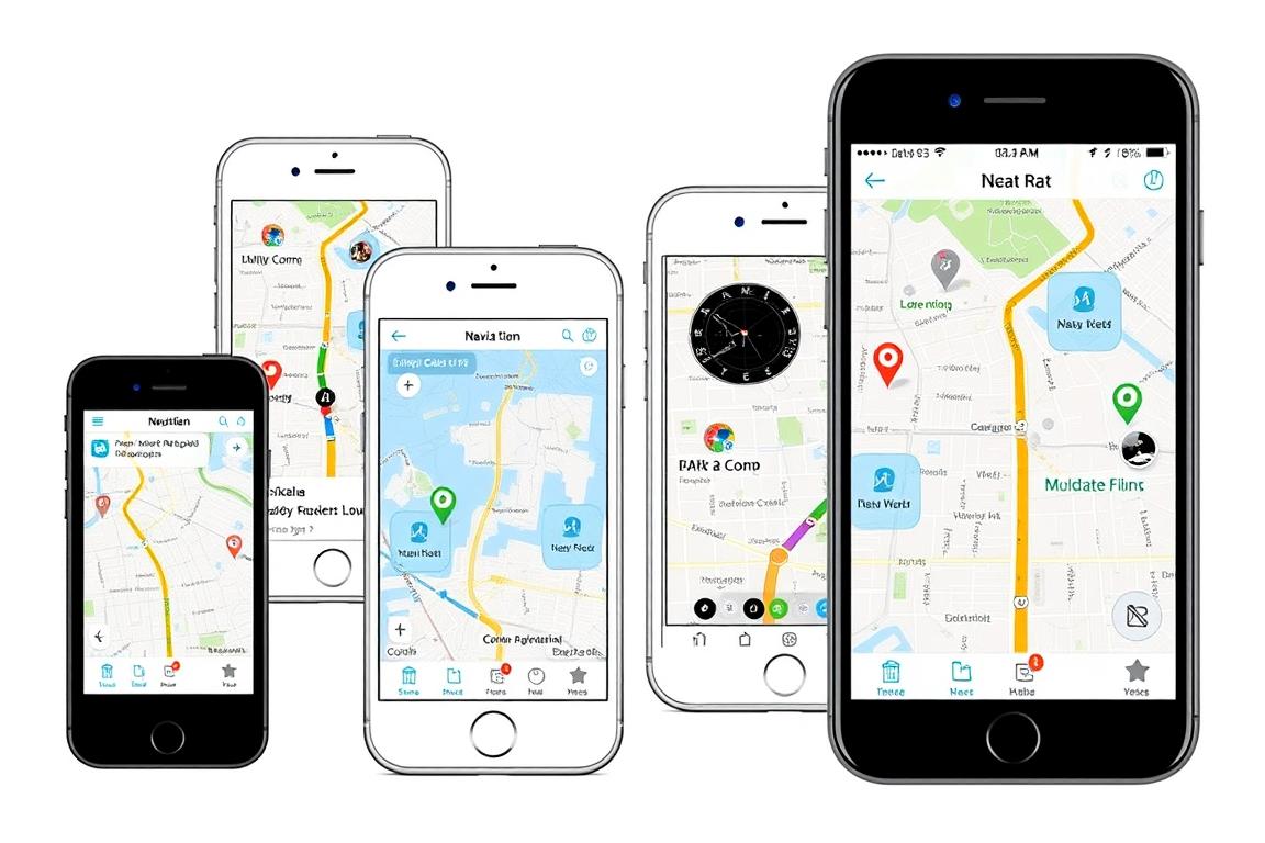 Eine Illustration von verschiedenen Navigations-Apps auf einem iOS-Gerät