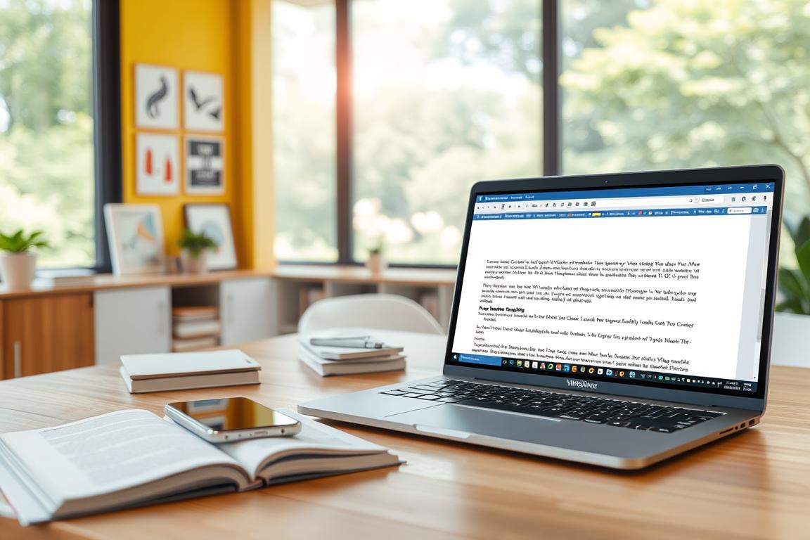 Inhaltsverzeichnis in Word erstellen: Ein modernes, minimalistisches Büro-Setup mit Laptop, Smartphone und Notizbüchern auf einem Schreibtisch aus Holz. Im Hintergrund eine helle Wand mit modernen Grafiken und Illustrationen. Sanftes, warmes Licht fällt durch große Fenster, die einen Blick auf eine grüne, parkähnliche Umgebung bieten. Der Fokus liegt auf der Erstellung eines übersichtlichen, strukturierten Inhaltsverzeichnisses in Microsoft Word, dargestellt durch Tastatureingaben und Mausbewegungen auf dem Laptop-Bildschirm.